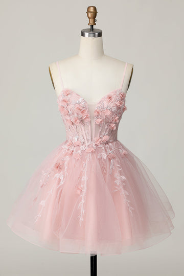 Pink Corset A Line Short Appliqued Cocktail Dress with Beading